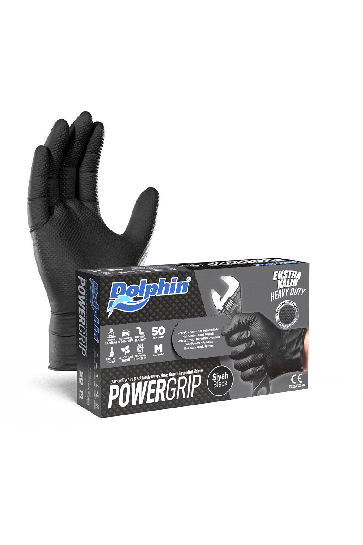 DOLPHIN POWERGRIP ELMAS DOKULU EKSTRA KALIN SİYAH 50'Lİ PAKET